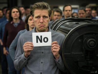 AI-generated image of Matt Mullenweg holding a sign that says No while standing beside a Gutenberg printing press with a group of people behind him